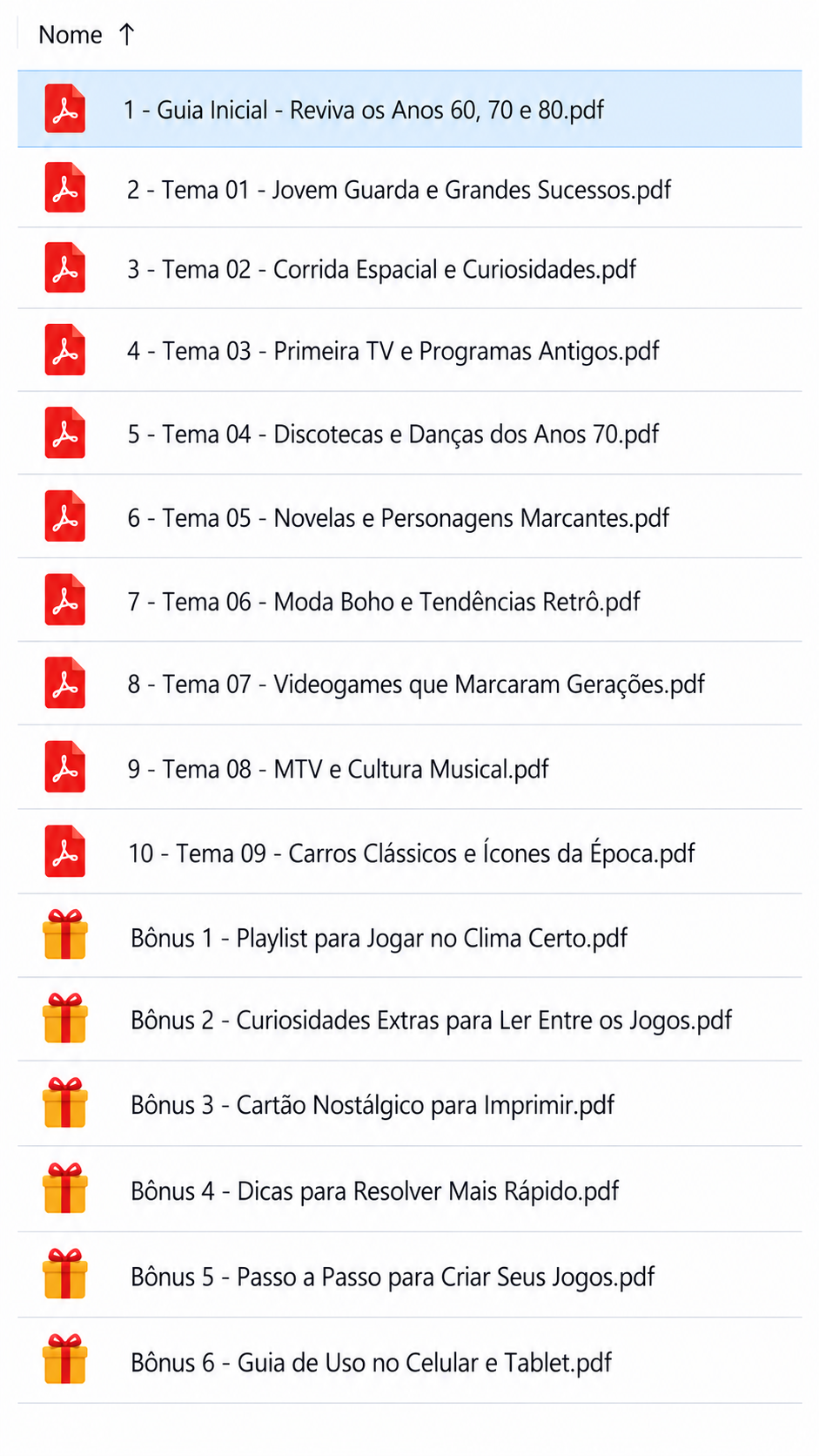 Página de conteúdo do Caça-Palavras por Década — temas