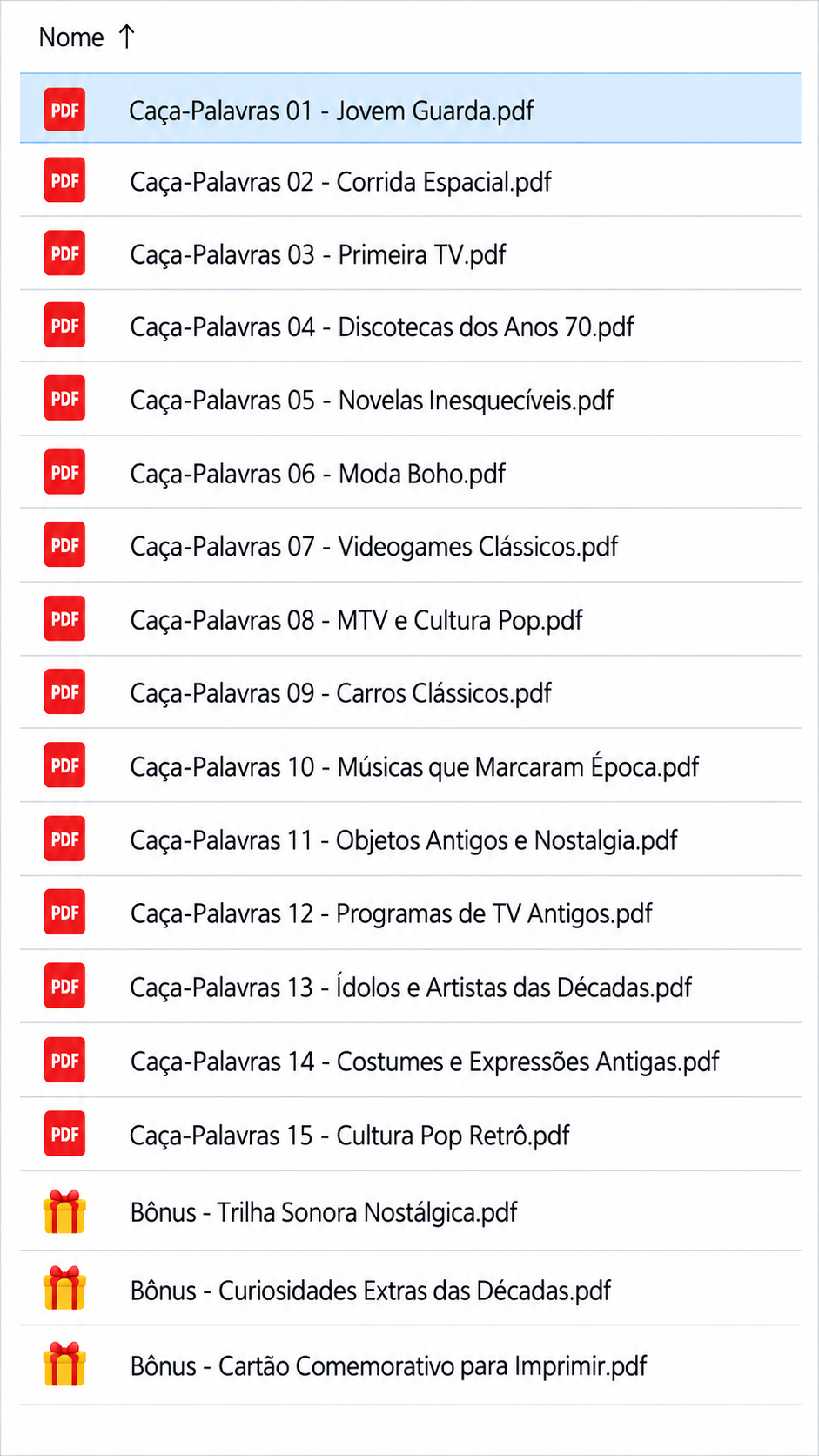 Página de conteúdo do Caça-Palavras por Década — biblioteca