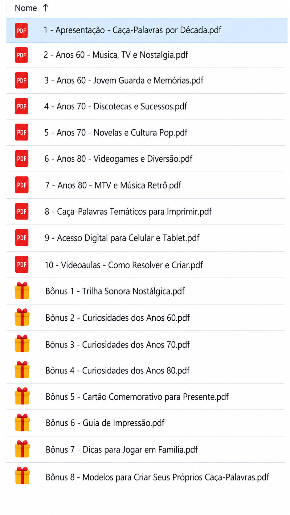 Página de conteúdo do Caça-Palavras por Década — bônus