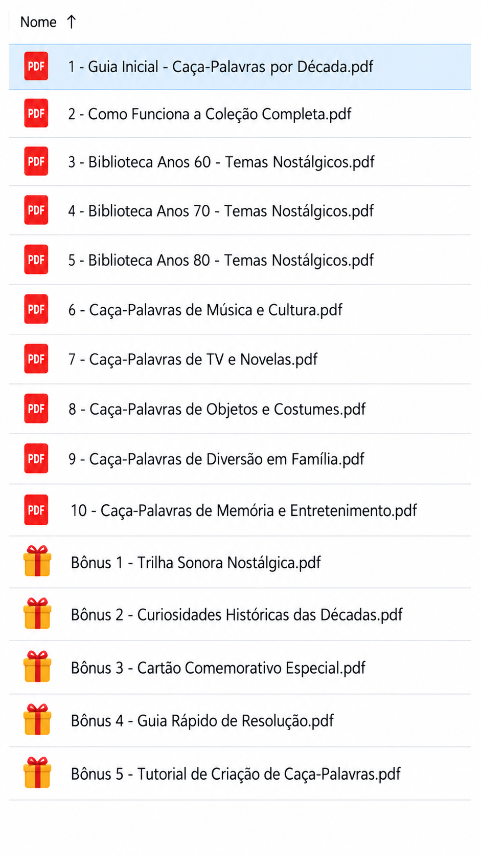 Página de conteúdo do Caça-Palavras por Década — décadas