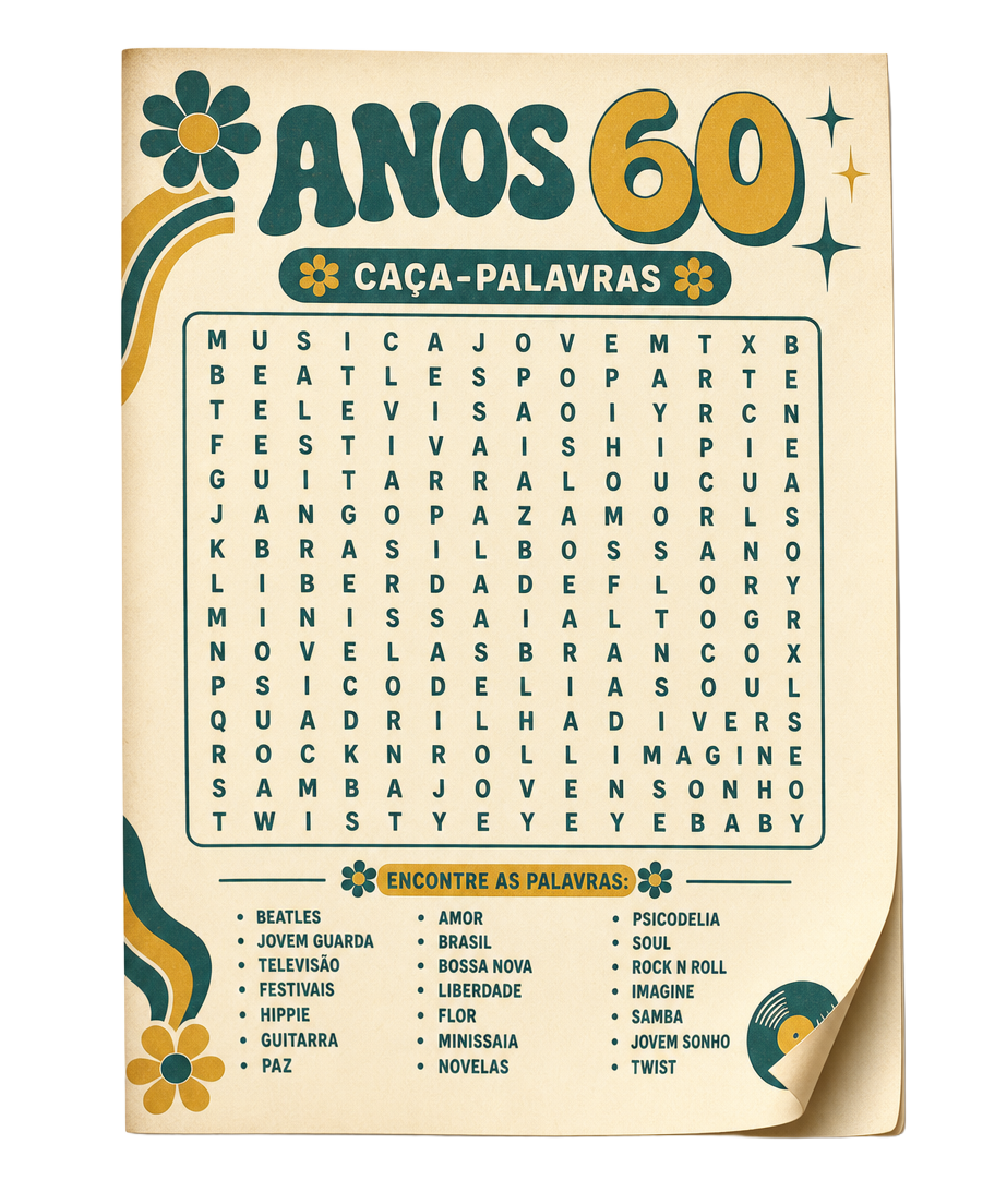Página de amostra do caça-palavras dos anos 60 em verde e mostarda