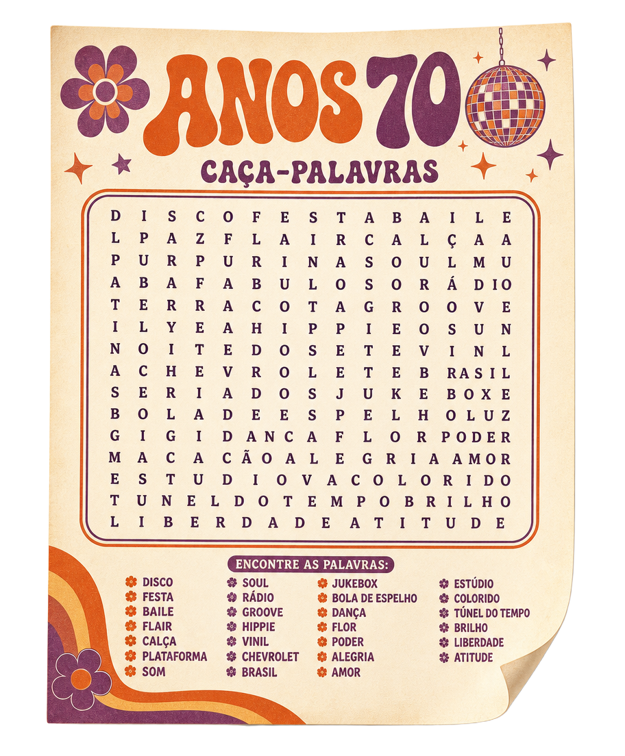 Página de amostra do caça-palavras dos anos 70 em terracota e roxo