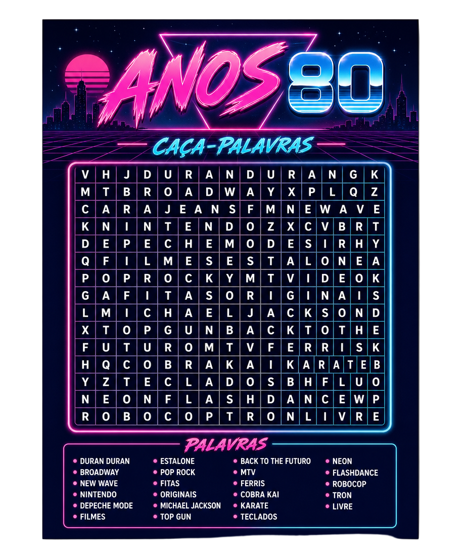 Página de amostra do caça-palavras dos anos 80 em neon pink e cyan